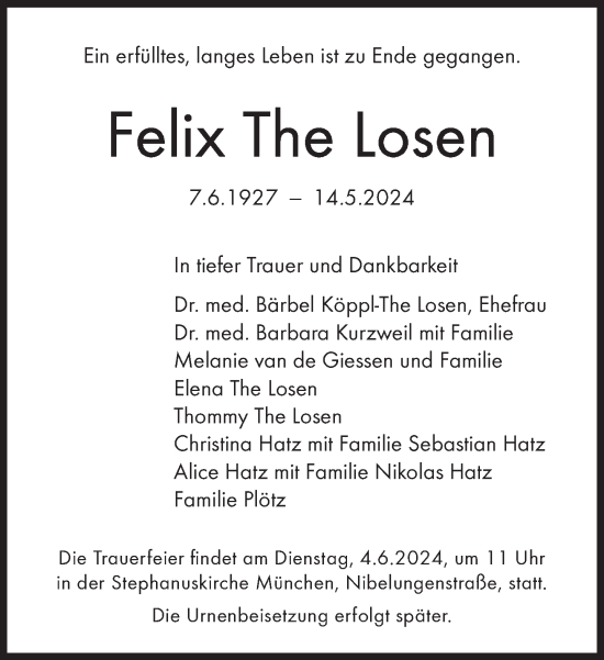 Traueranzeige von Felix The Losen von Süddeutsche Zeitung