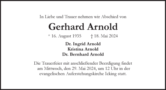 Traueranzeige von Gerhard Arnold von Süddeutsche Zeitung