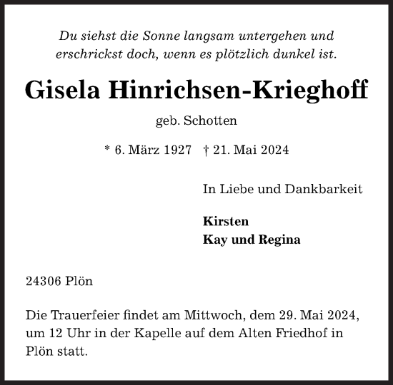 Traueranzeige von Gisela Hinrichsen-Krieghoff von Süddeutsche Zeitung
