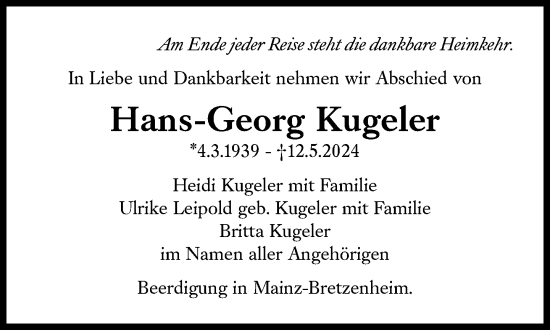 Traueranzeige von Hans-Georg Kugeler von Süddeutsche Zeitung