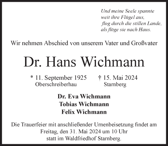 Traueranzeige von Hans Wichmann von Süddeutsche Zeitung
