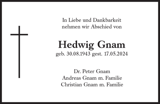 Traueranzeige von Hedwig Gnam von Süddeutsche Zeitung