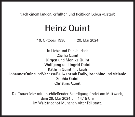 Traueranzeige von Heinz Quint von Süddeutsche Zeitung
