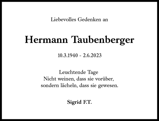 Traueranzeige von Hermann Taubenberger von Süddeutsche Zeitung