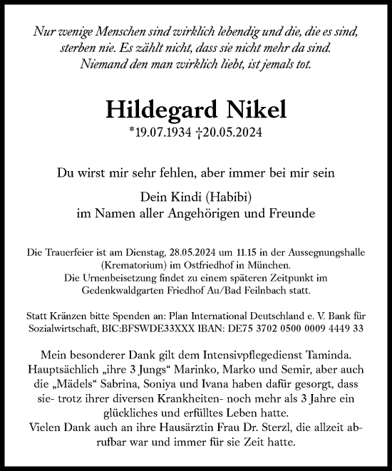 Traueranzeige von Hildegard Nikel von Süddeutsche Zeitung