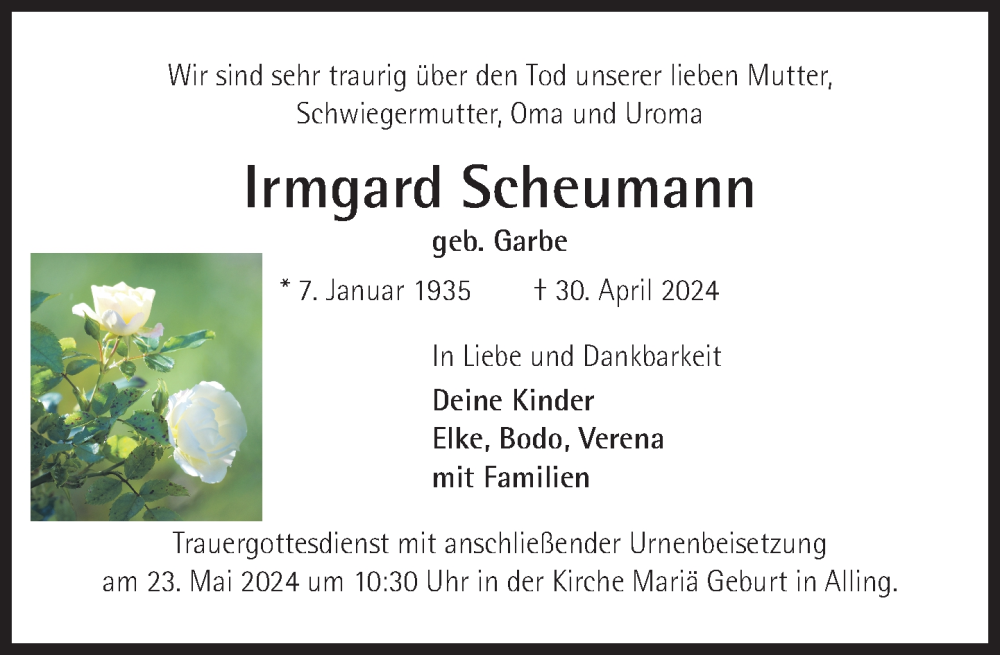  Traueranzeige für Irmgard Scheumann vom 11.05.2024 aus Süddeutsche Zeitung