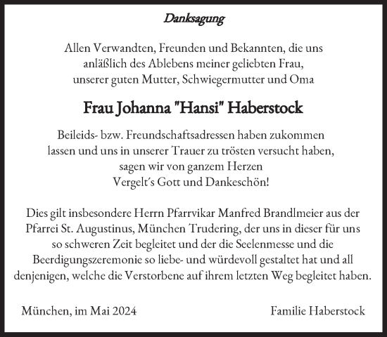Traueranzeige von Johanna Haberstock von Süddeutsche Zeitung
