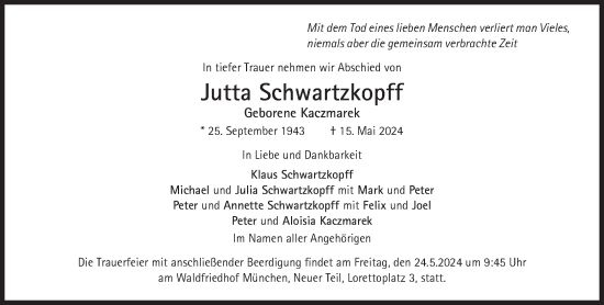 Traueranzeige von Jutta Schwartzkopff von Süddeutsche Zeitung