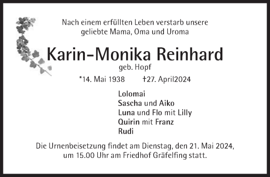 Traueranzeige von Karin-Monika Reinhard von Süddeutsche Zeitung
