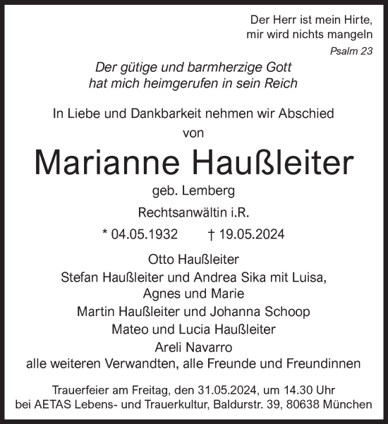 Traueranzeige von Marianne Haußleiter von Süddeutsche Zeitung