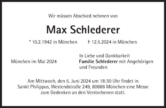 Traueranzeige von Max Schlederer von Süddeutsche Zeitung