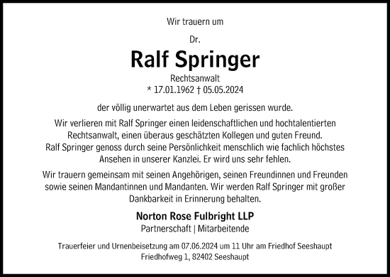 Traueranzeige von Ralf Springer von Süddeutsche Zeitung