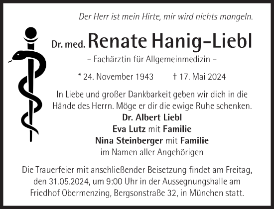 Traueranzeige von Renate Hanig-Liebl von Süddeutsche Zeitung