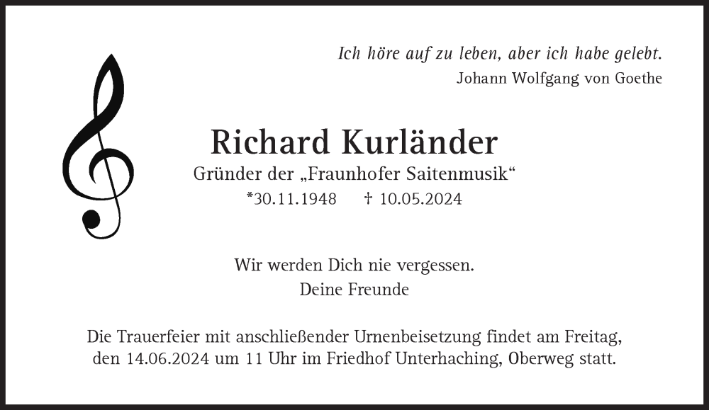  Traueranzeige für Richard Kurländer vom 18.05.2024 aus Süddeutsche Zeitung