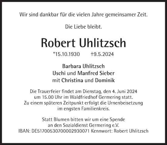 Traueranzeige von Robert Uhlitzsch von Süddeutsche Zeitung