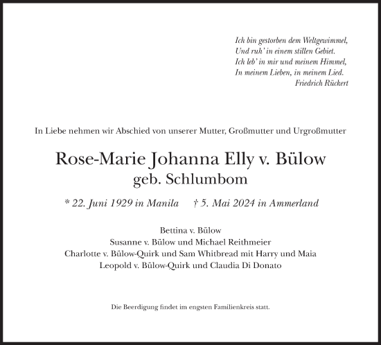 Traueranzeige von Rose-Marie Johanna Elly v. Bülow von Süddeutsche Zeitung