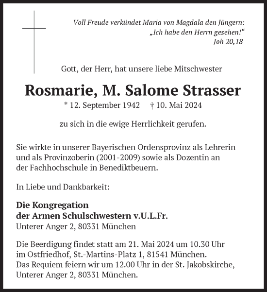 Traueranzeige von Rosmarie M. Salome Strasser von Süddeutsche Zeitung