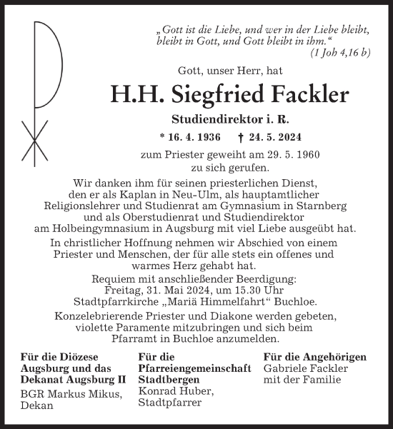 Traueranzeige von Siegfried Fackler von Süddeutsche Zeitung
