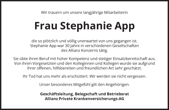 Traueranzeige von Stephanie App von Süddeutsche Zeitung