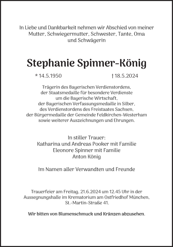 Traueranzeige von Stephanie Spinner-König von Süddeutsche Zeitung