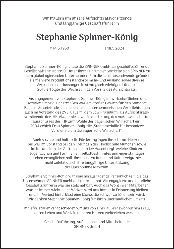  Traueranzeige für Stephanie Spinner-König vom 01.06.2024 aus Süddeutsche Zeitung