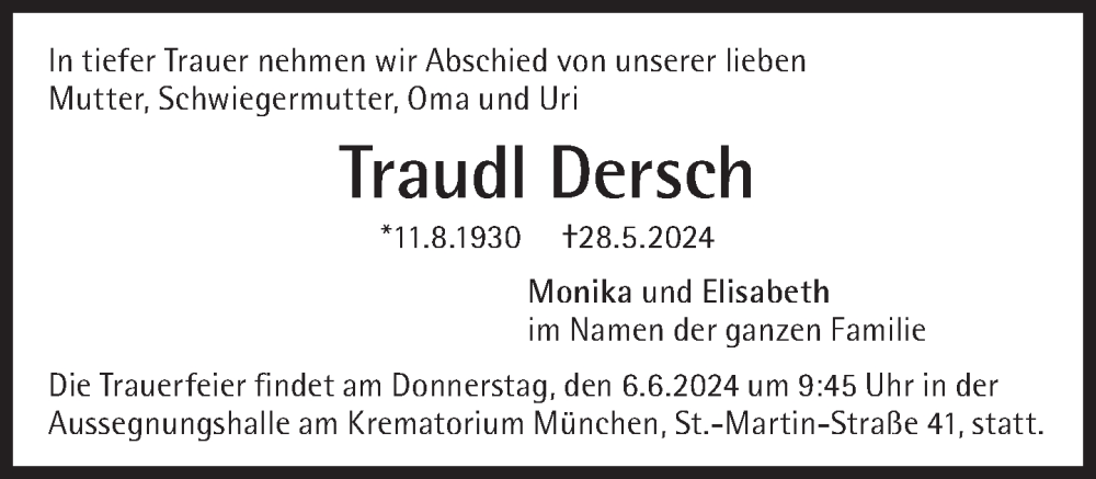  Traueranzeige für Traudl Dersch vom 01.06.2024 aus Süddeutsche Zeitung