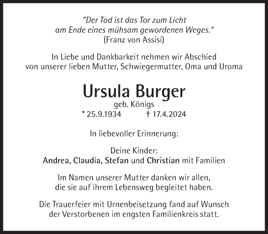 Traueranzeige von Ursula Burger von Süddeutsche Zeitung