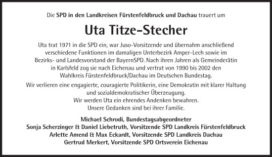 Traueranzeige von Uta Titze-Stecher von Süddeutsche Zeitung
