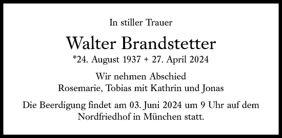 Traueranzeige von Walter Brandstetter von Süddeutsche Zeitung