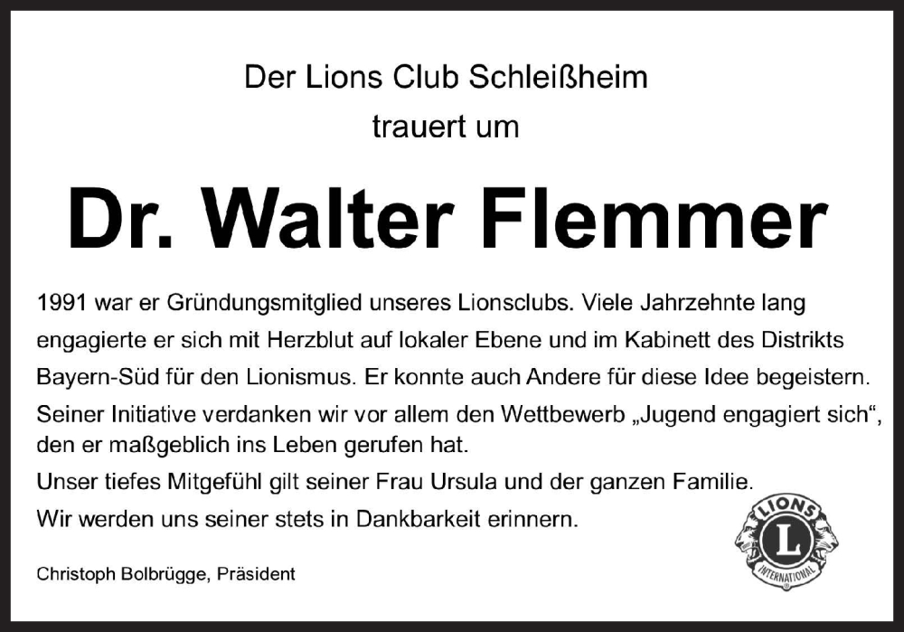  Traueranzeige für Walter Flemmer vom 25.05.2024 aus Süddeutsche Zeitung
