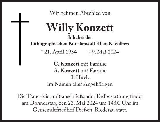 Traueranzeige von Willy Konzett von Süddeutsche Zeitung