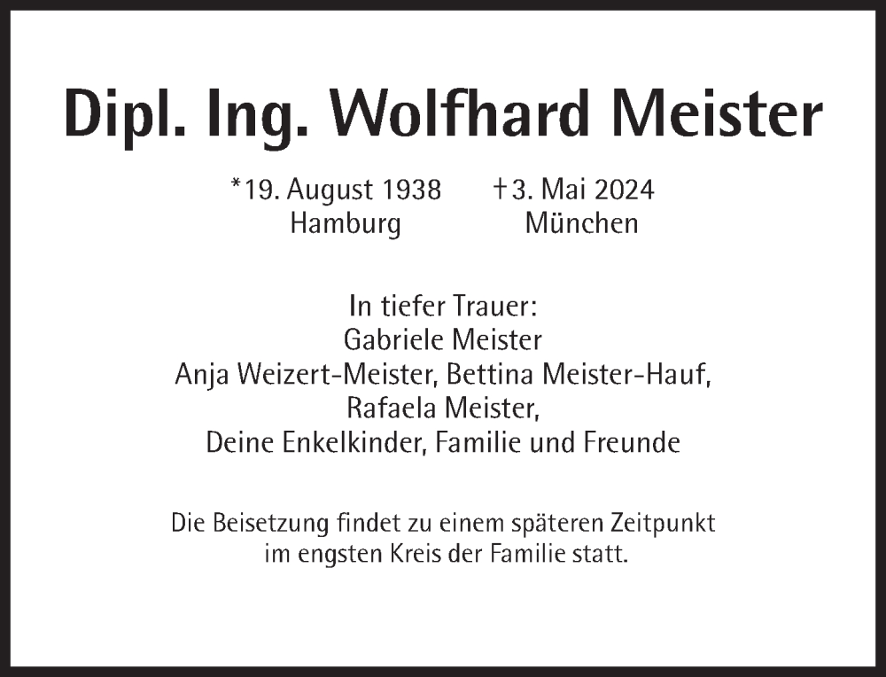  Traueranzeige für Wolfhard Meister vom 11.05.2024 aus Süddeutsche Zeitung
