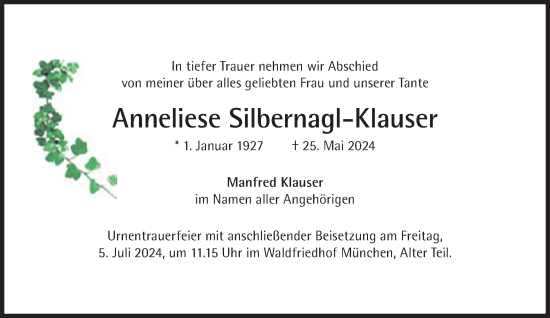 Traueranzeige von Anneliese Silbernagl-Klausner von Süddeutsche Zeitung