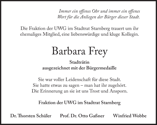 Traueranzeige von Barbara Frey von Süddeutsche Zeitung