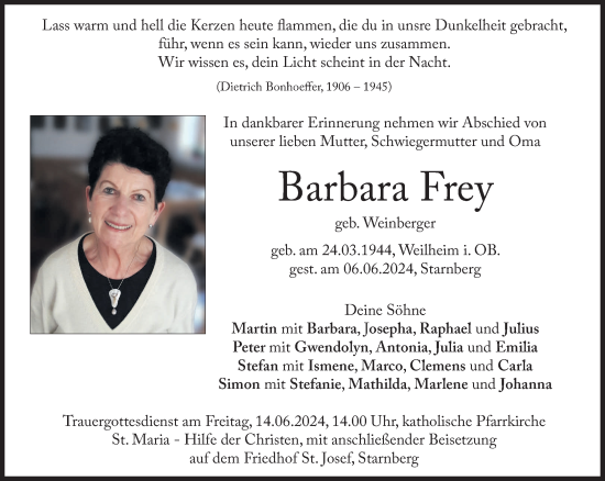 Traueranzeige von Barbara Frey von Süddeutsche Zeitung