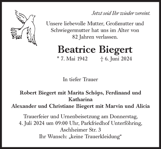 Traueranzeige von Beatrice Biegert von Süddeutsche Zeitung