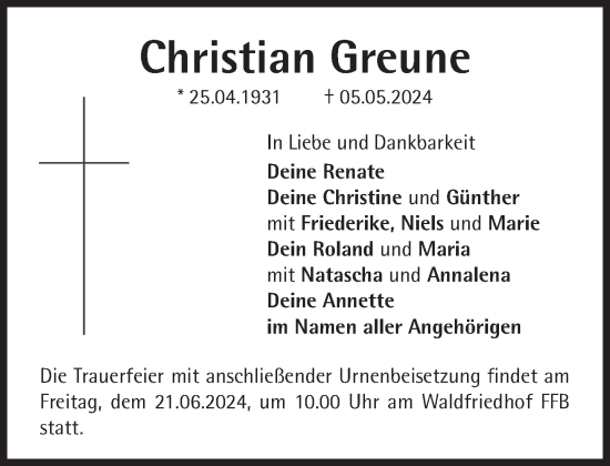 Traueranzeige von Christian Greune von Süddeutsche Zeitung