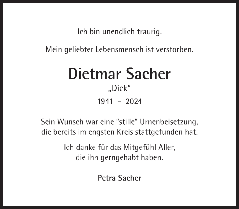  Traueranzeige für Dietmar Sacher vom 22.06.2024 aus Süddeutsche Zeitung