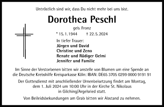 Traueranzeige von Dorothea Peschl von Süddeutsche Zeitung