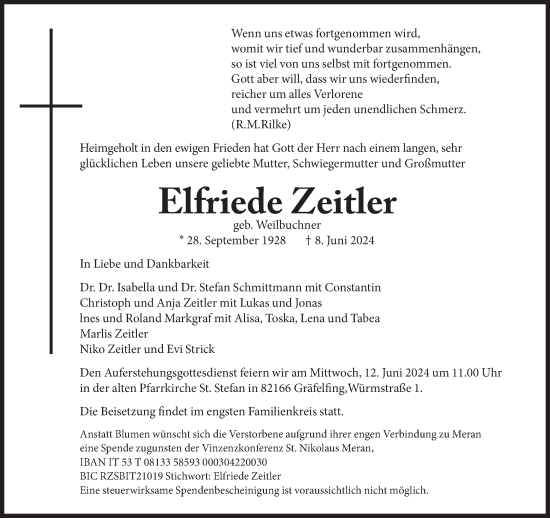 Traueranzeige von Elfriede Zeitler von Süddeutsche Zeitung