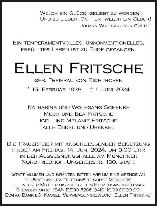 Traueranzeige von Ellen Fritsche von Süddeutsche Zeitung