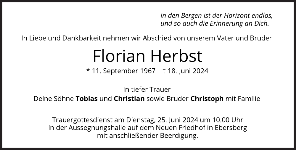  Traueranzeige für Florian Herbst vom 22.06.2024 aus Süddeutsche Zeitung