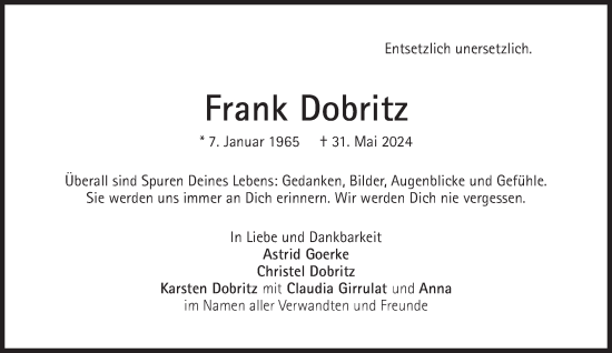 Traueranzeige von Frank Dobritz von Süddeutsche Zeitung