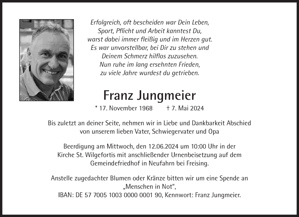  Traueranzeige für Franz Jungmeier vom 08.06.2024 aus Süddeutsche Zeitung