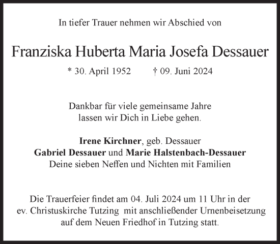 Traueranzeige von Franziska Huberta Maria Josefa Dessauer von Süddeutsche Zeitung