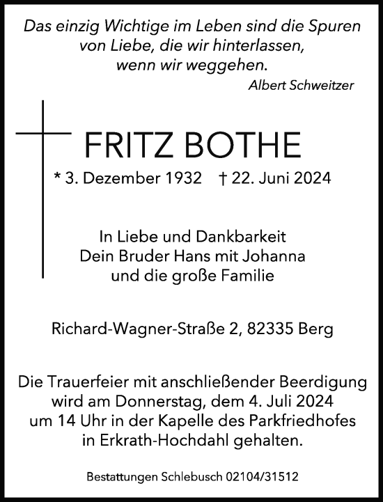 Traueranzeige von Fritz Bothe von Süddeutsche Zeitung