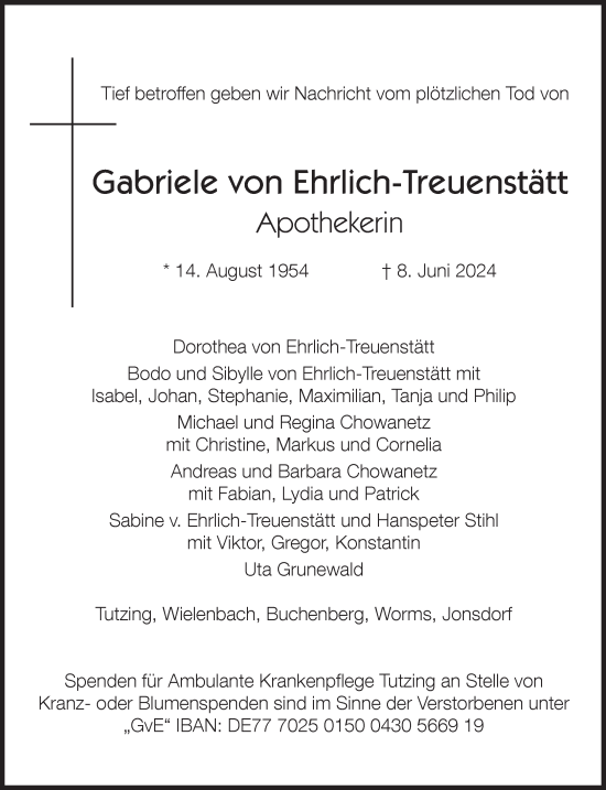 Traueranzeige von Gabriele  von Ehrlich-Treuenstätt von Süddeutsche Zeitung