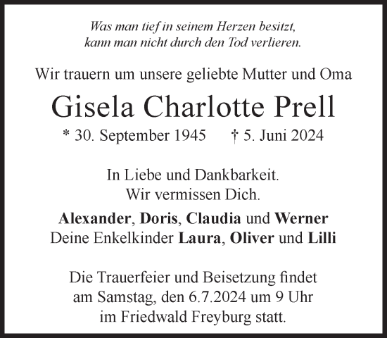 Traueranzeige von Gisela Charlotte Prell von Süddeutsche Zeitung