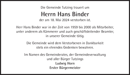 Traueranzeige von Hans Binder von Süddeutsche Zeitung