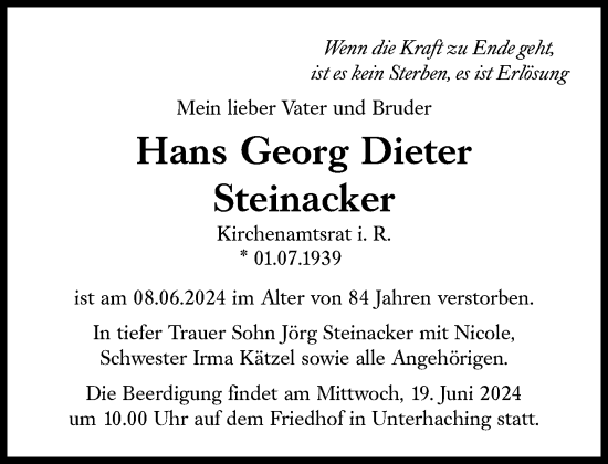 Traueranzeige von Hans Georg Dieter Steinacker von Süddeutsche Zeitung